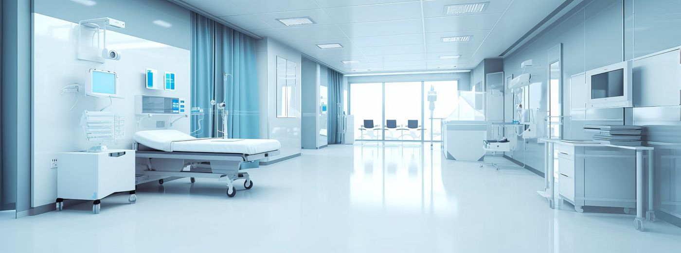 A clean, modern hospital ward with empty beds and medical equipment beneath bright windows.