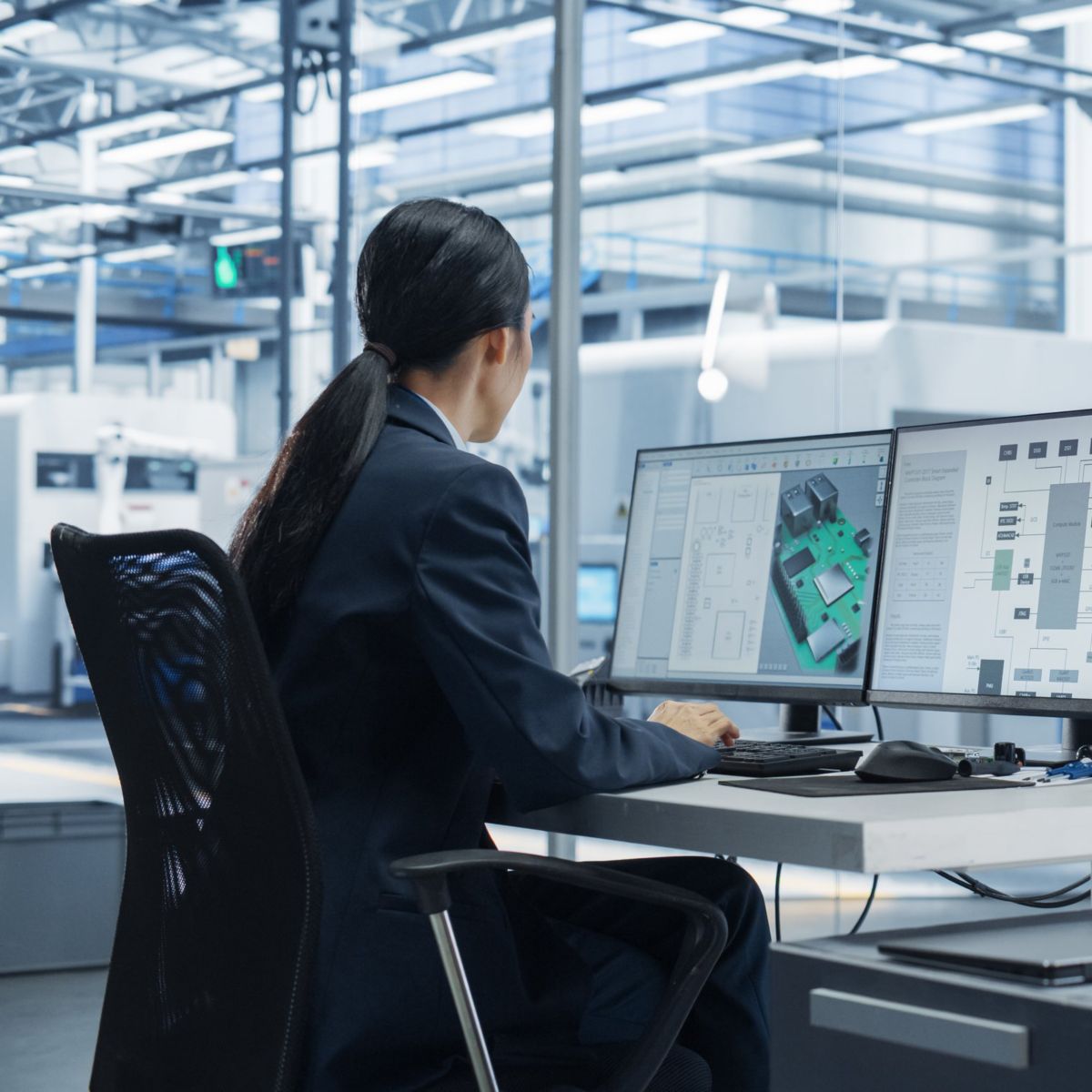 An engineer works at a desk, reviewing complex circuit board schematics on dual monitors within a modern automated manufacturing facility.