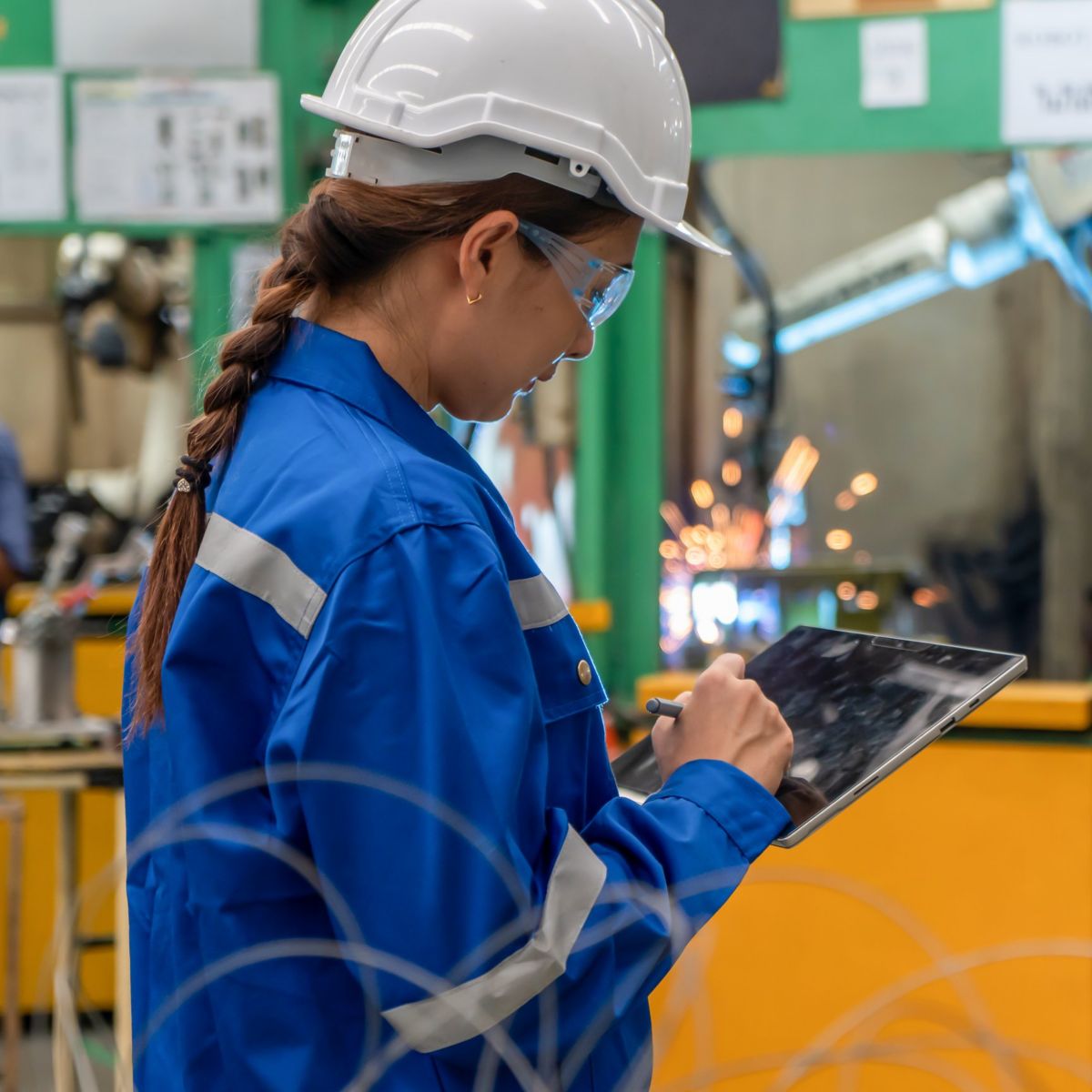 Female engineer in safety gear uses a tablet to monitor manufacturing processes while industrial sparks fly in the blurred factory background.