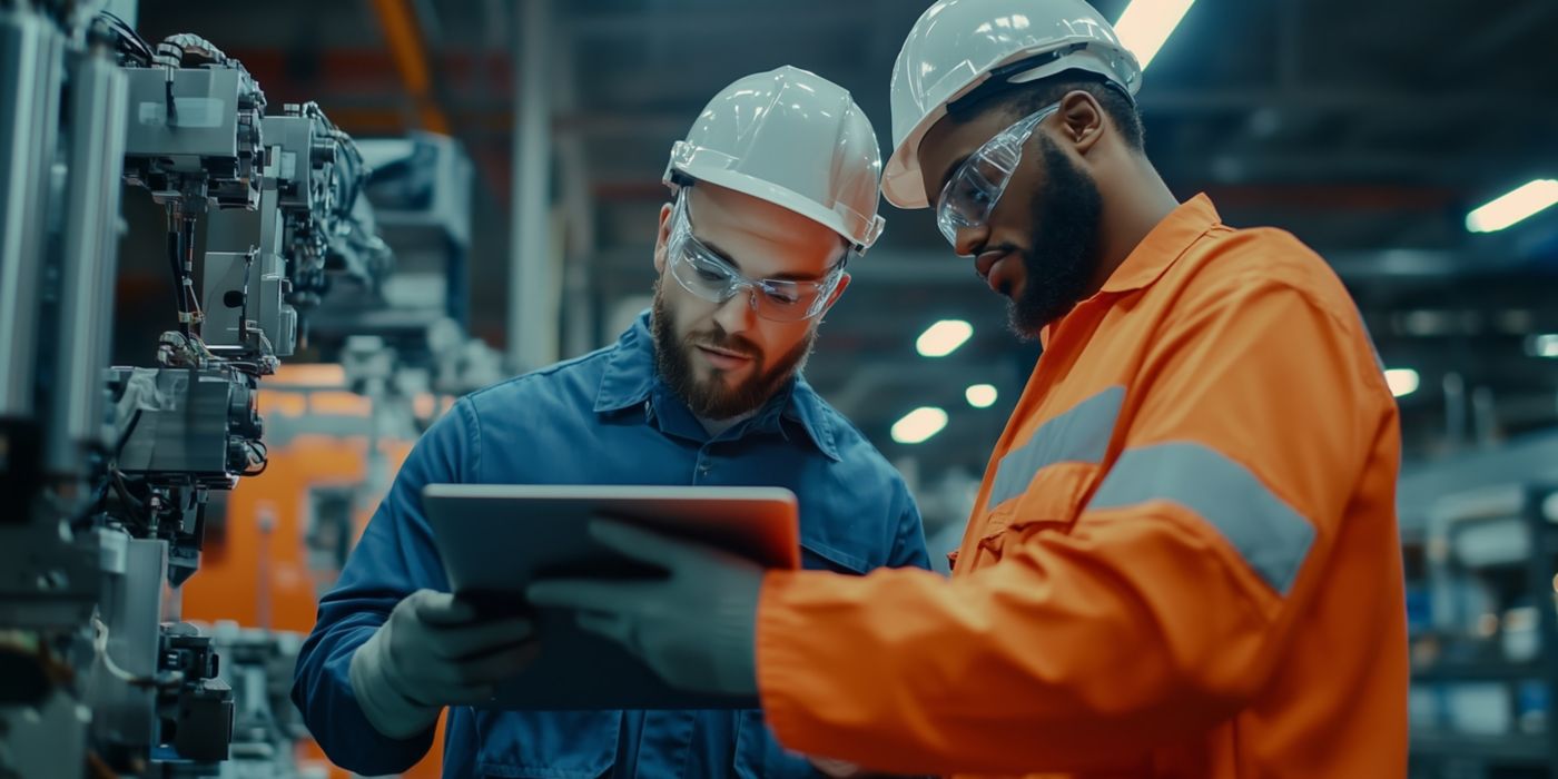 Two workers in safety helmets review data on a tablet while inspecting equipment in a busy manufacturing facility, highlighting teamwork and technology use in operations.