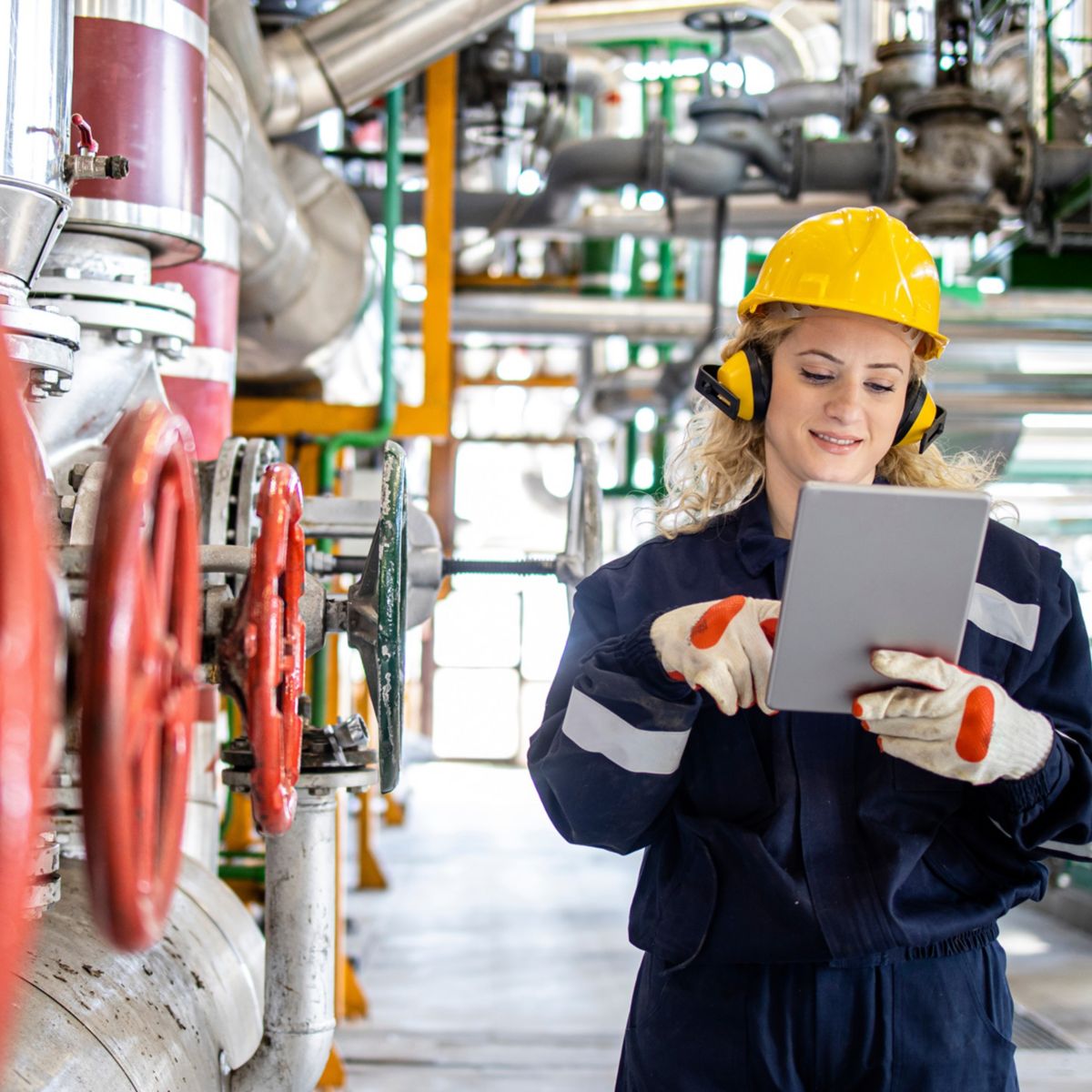 Female factory worker or engineer standing in boiler room of heating plant and looking at tablet computer.