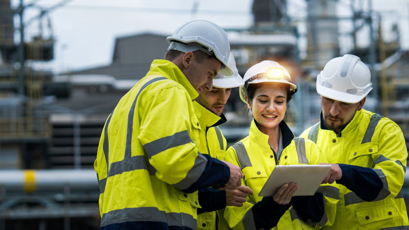 Male and female industrial engineers wearing hard hats talk to collaborate on new project. Team of engineers inspecting gas separation plant using tablets.