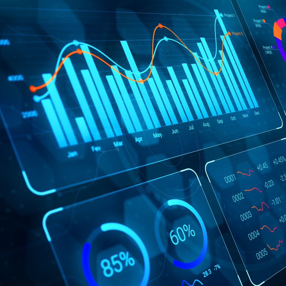 Data analyst working on business analytics dashboard with charts, metrics and KPI to analyze performance and create insight reports for operations management on virtual screen.