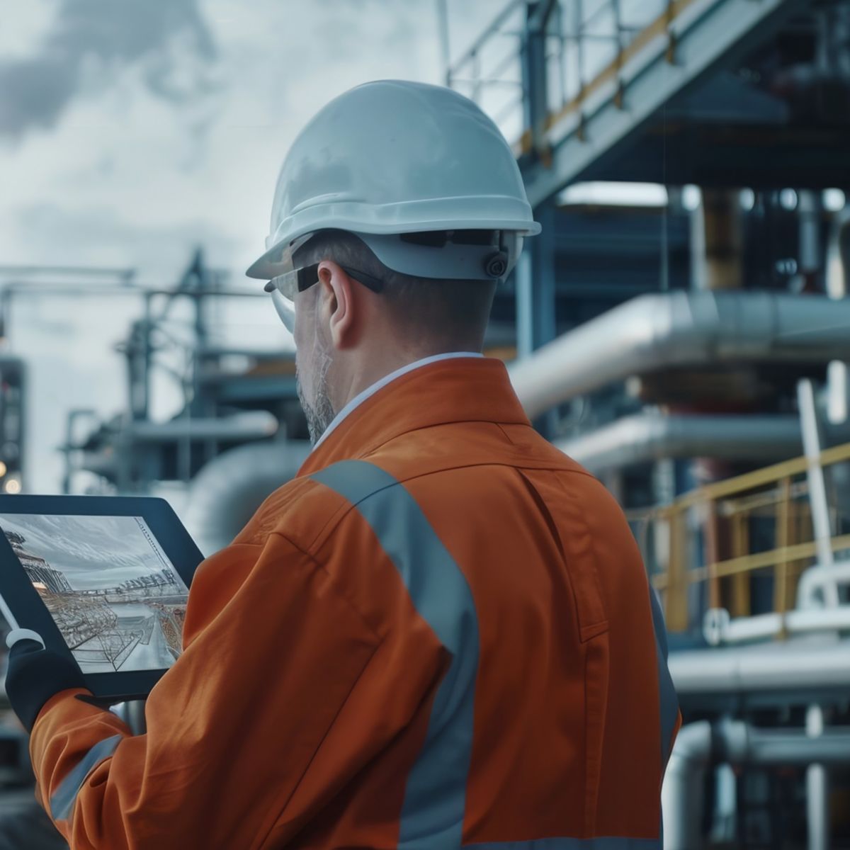 Industrial Engineer Uses Augmented Reality Digital Tablet to Scan Large Metal Construction, Special Effects Show Visualization / Digitalization of Oil, Gas, and Fuel Transport Pipelines.