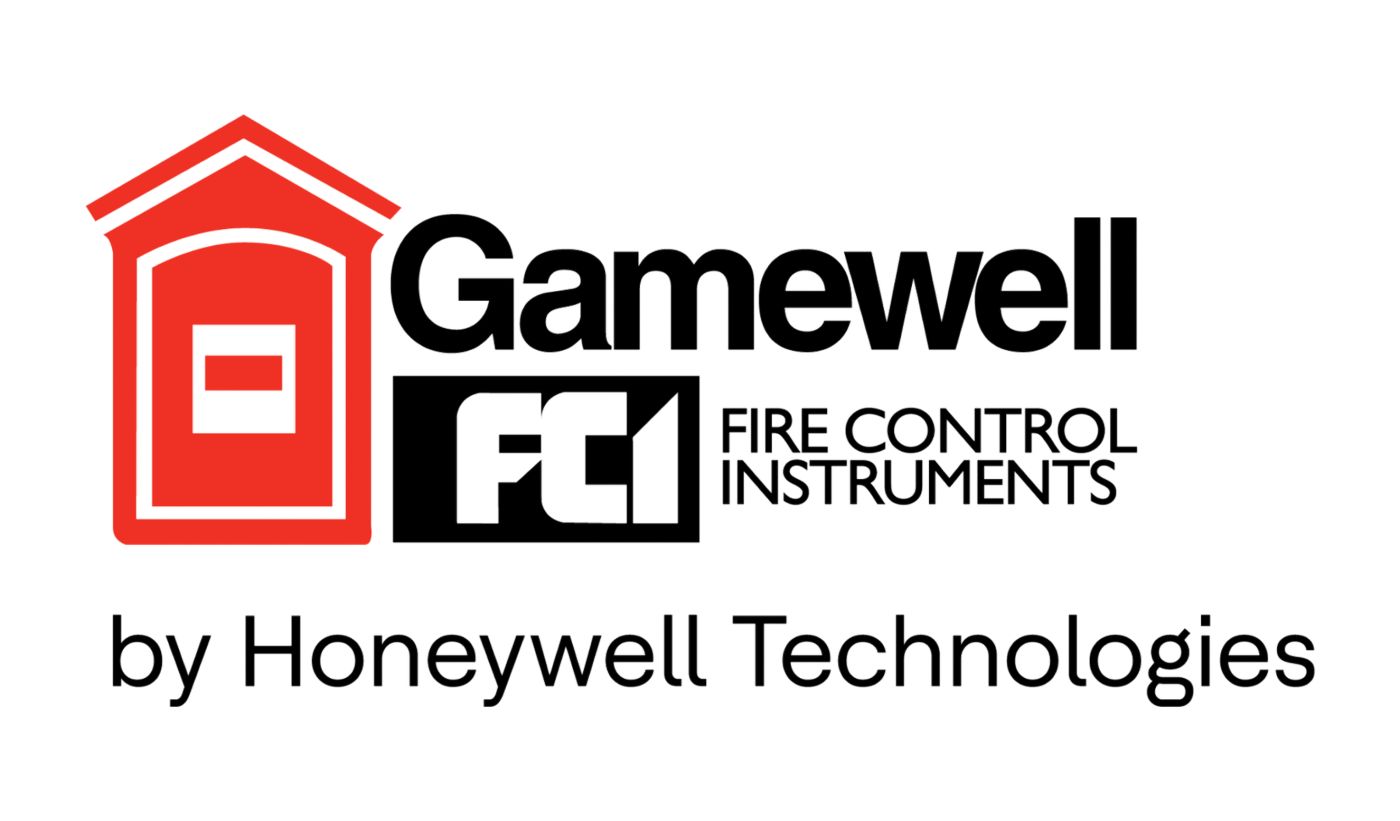 Gamewell FCI logo featuring a red building style emblem alongside the black Gamewell and FCI Fire Control Instruments branding, with the by Honeywell Technologies endorsement.