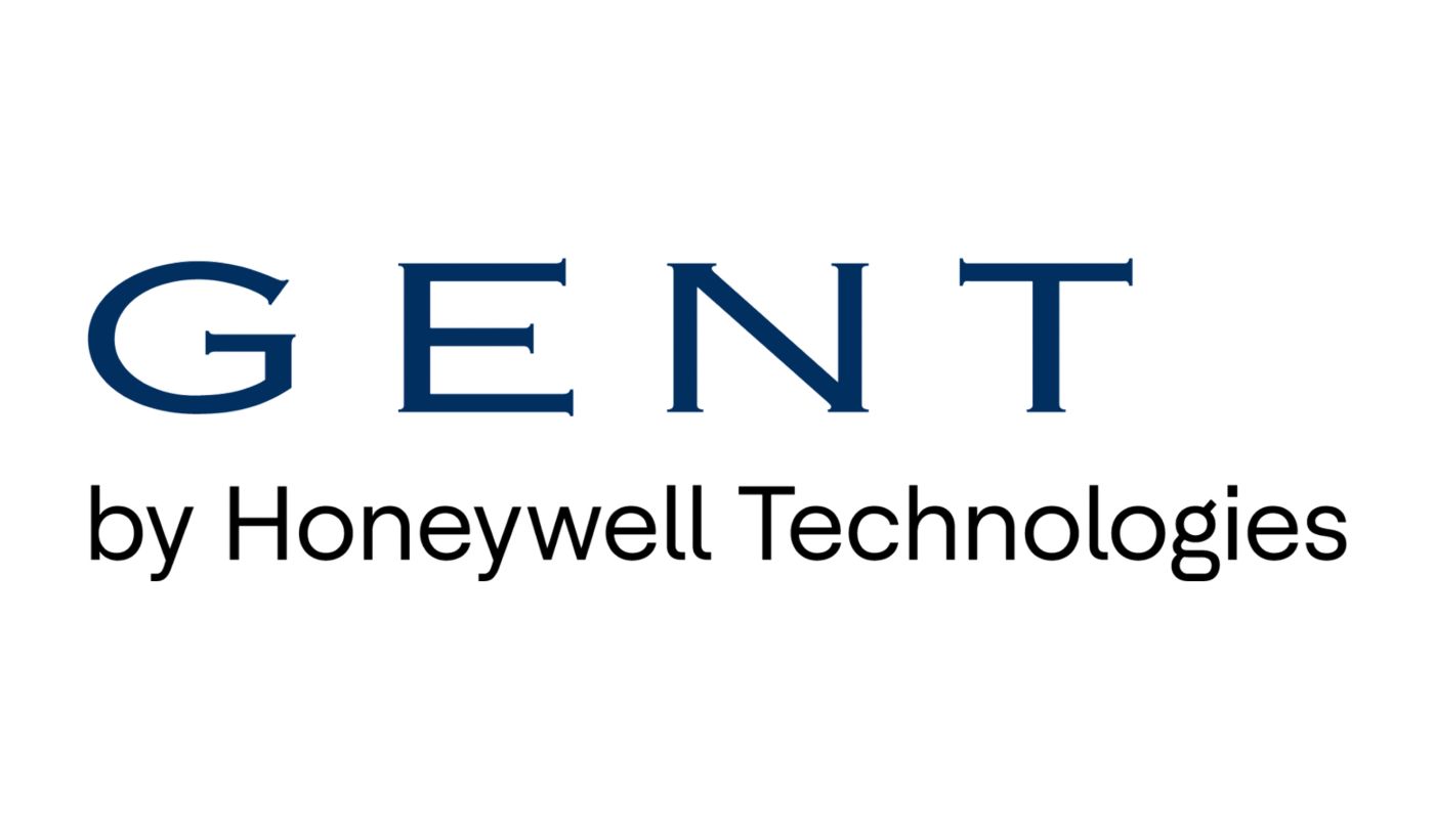 Gent brand logo featuring a dark blue widely spaced GENT wordmark above the by Honeywell Technologies endorsement.