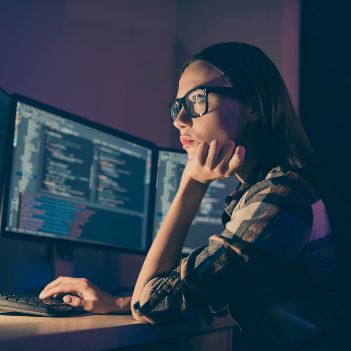 Side profile photo of intelligent thinking guessing woman working in late evening, shift instead of her colleague system administrator