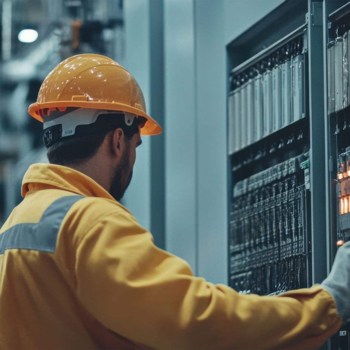 A technician in safety gear operates machinery in a modern electrical facility, ensuring optimal performance and safety.