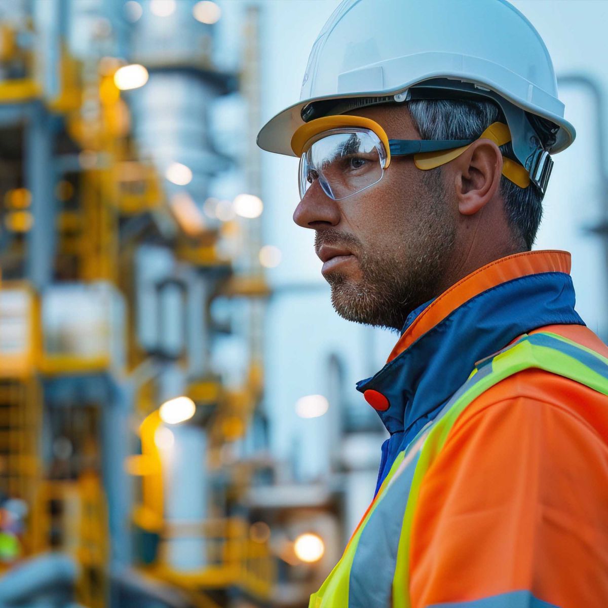 A technician in safety gear operates machinery in a modern electrical facility, ensuring optimal performance and safety.
