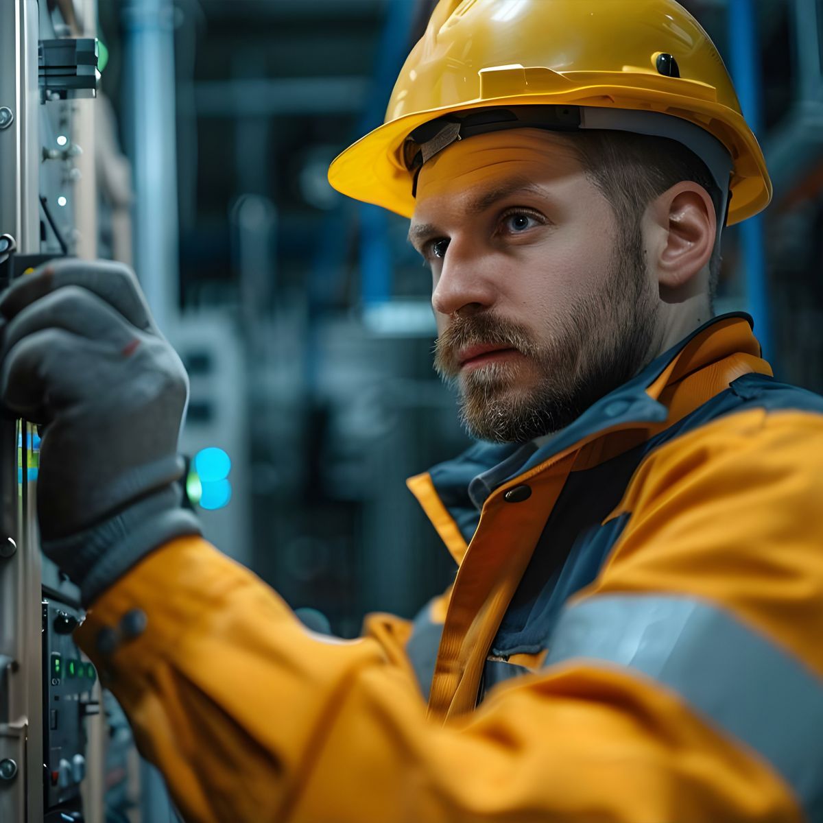 A technician in safety gear operates machinery in a modern electrical facility, ensuring optimal performance and safety.
