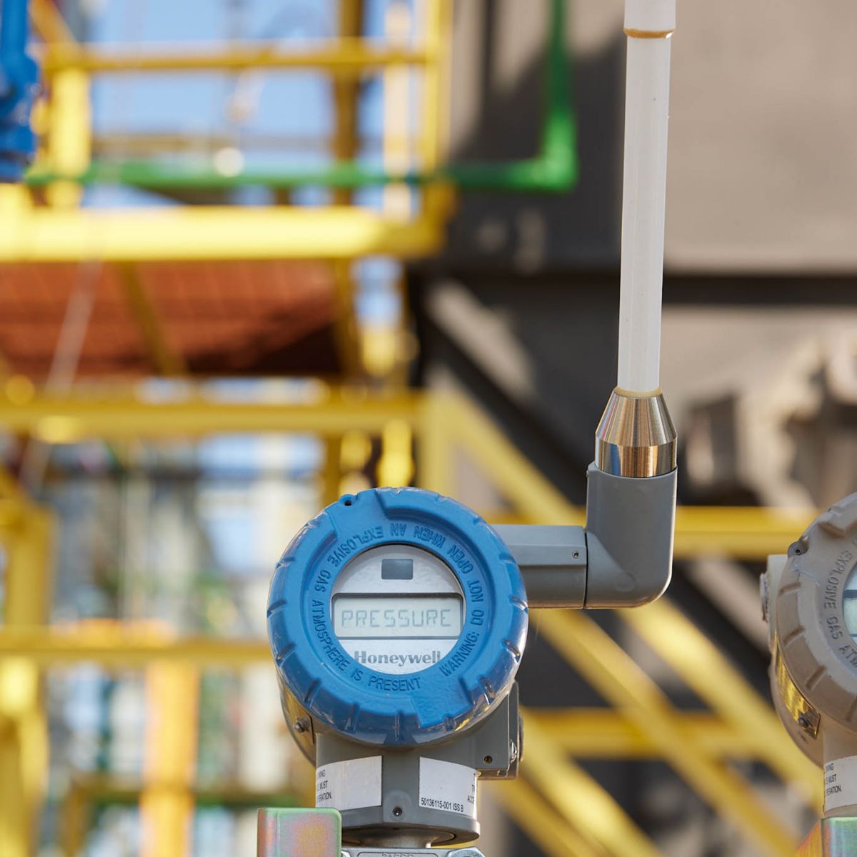 Close-up of an industrial transmitter used in flow and process instrumentation, supporting precise measurement, monitoring, and efficient system control.