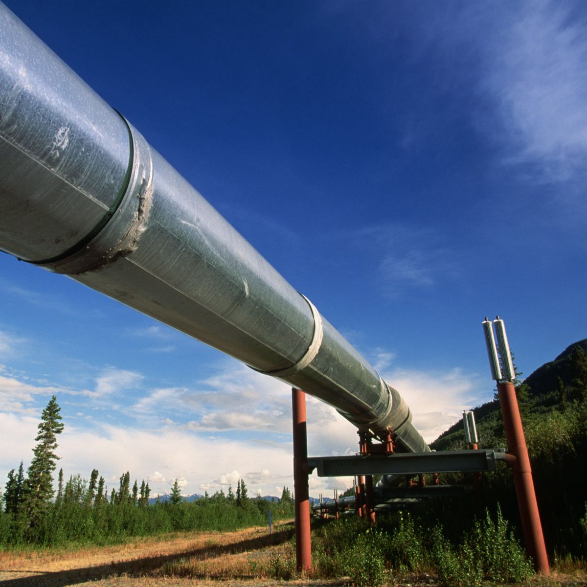 A low-angle shot of a metal pipeline extending through a vast, natural landscape under a bright, expansive blue sky.
