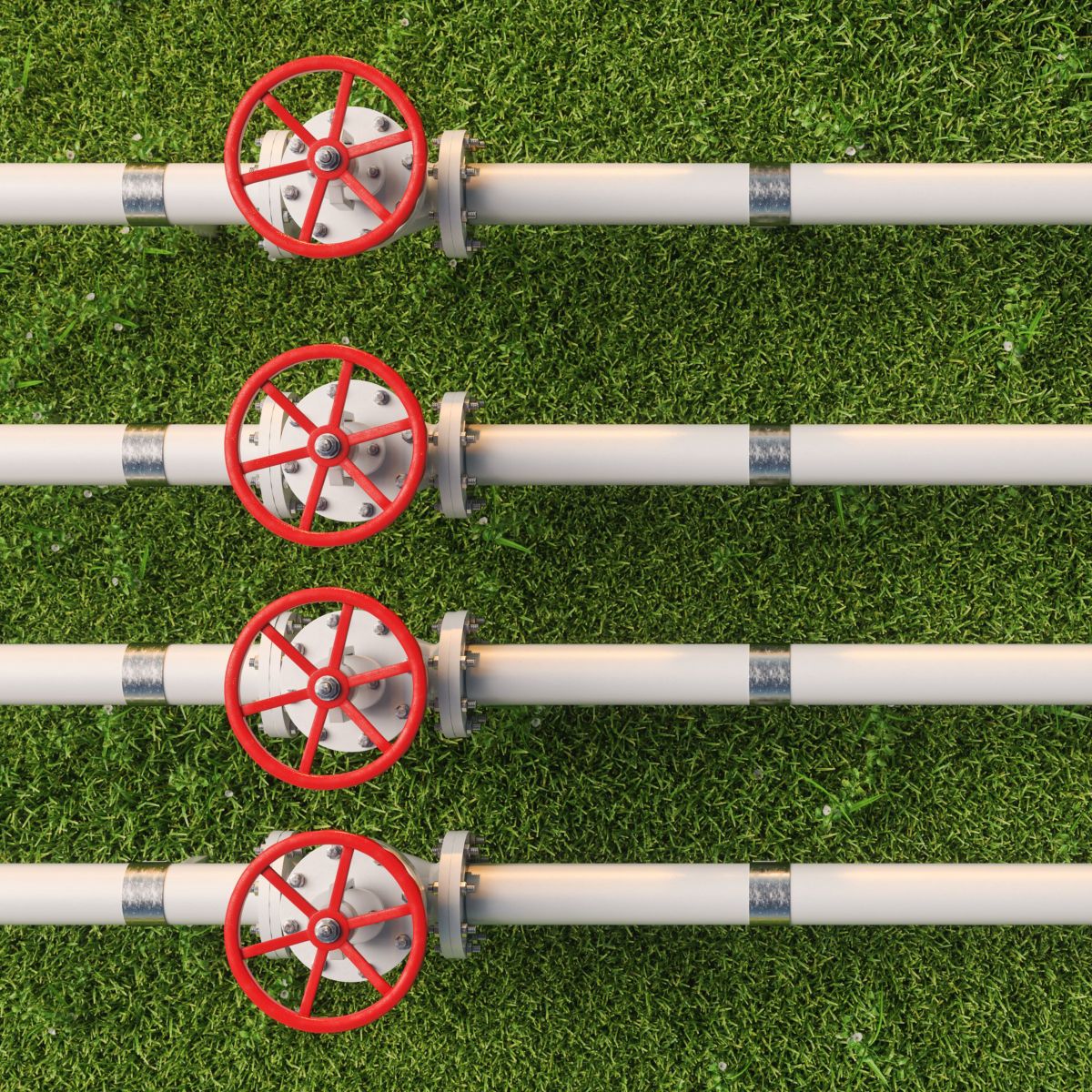 Four parallel white pipelines with red control valves are laid neatly across a vibrant green grassy field.