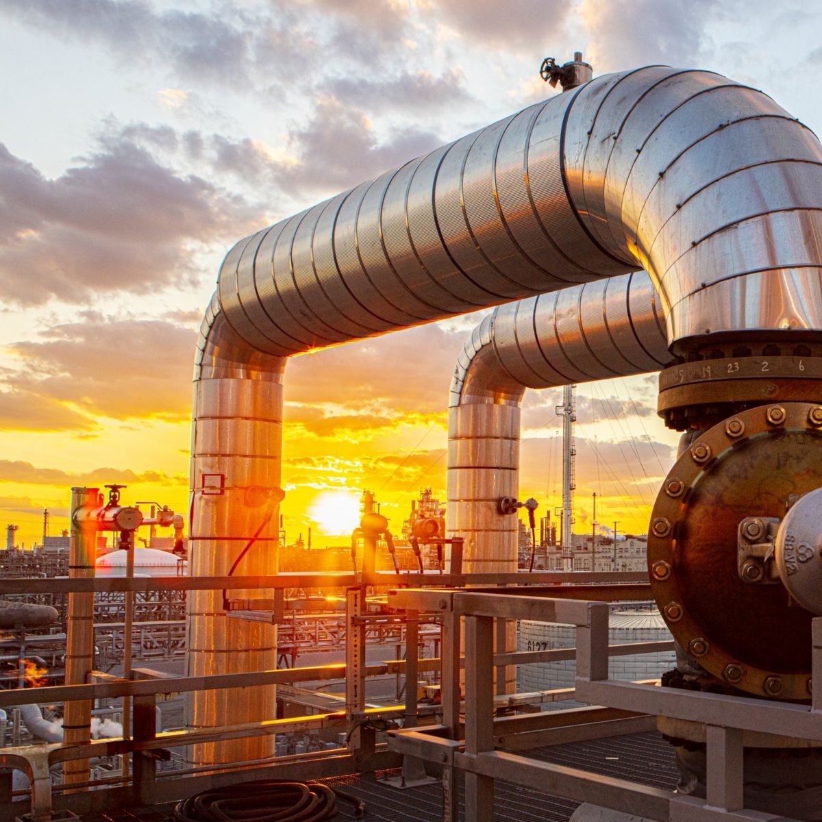 Industrial metal piping and manual control valves backlit by a golden hour sunset at a refinery facility.