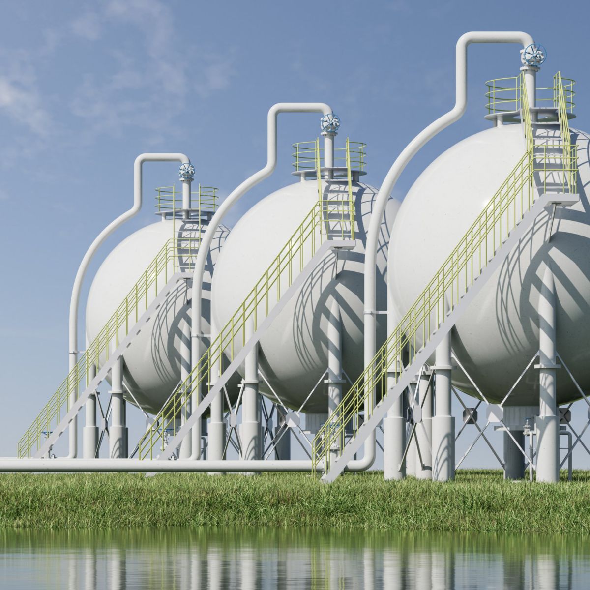 Three large spherical industrial storage tanks positioned near a reflective water body under a clear blue sky.