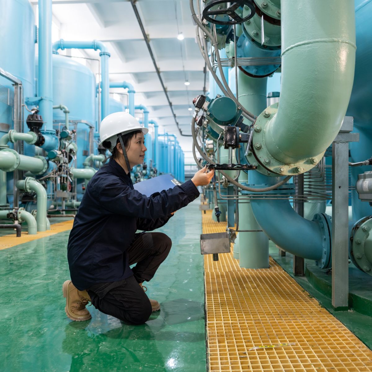 A female technician in protective gear inspects industrial piping and valves inside a modern water treatment facility.