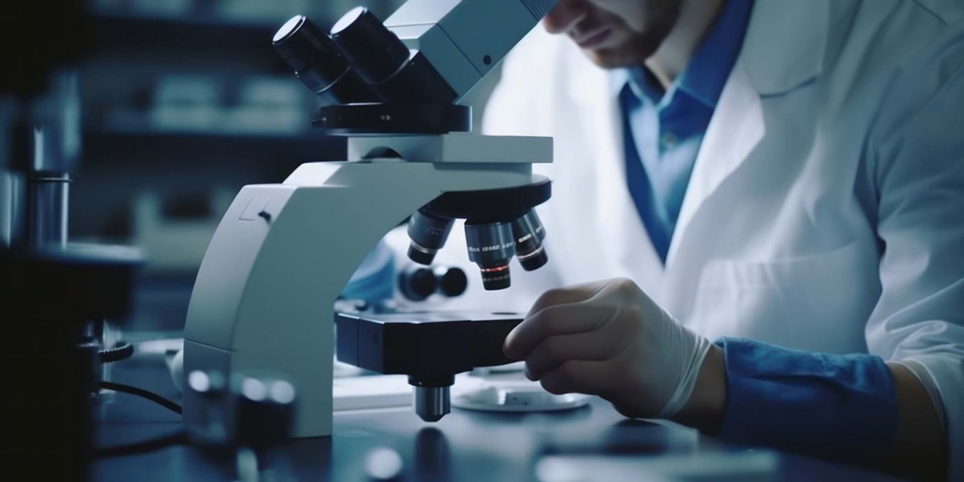 scientist working with microscope in laboratory close up hands, science research and development concept, generative ai