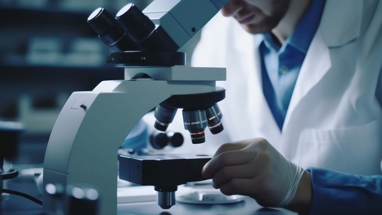 scientist working with microscope in laboratory close up hands, science research and development concept, generative ai