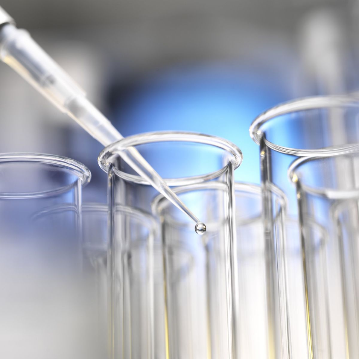 A precision pipette dispenses a clear liquid sample into a row of glass test tubes in a laboratory setting.