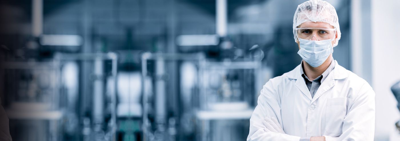 portrait male scientist worker in medicine factory research laboratory plant technician in hygiene workplace