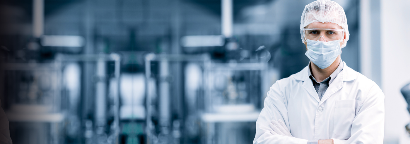 portrait male scientist worker in medicine factory research laboratory plant technician in hygiene workplace
