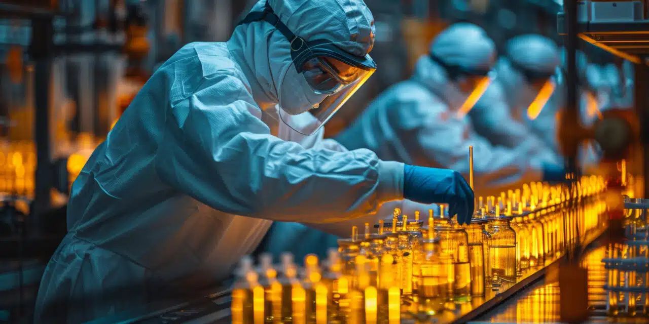 Controlled life sciences production environment highlighting quality control, process monitoring and efficient manufacturing operations.