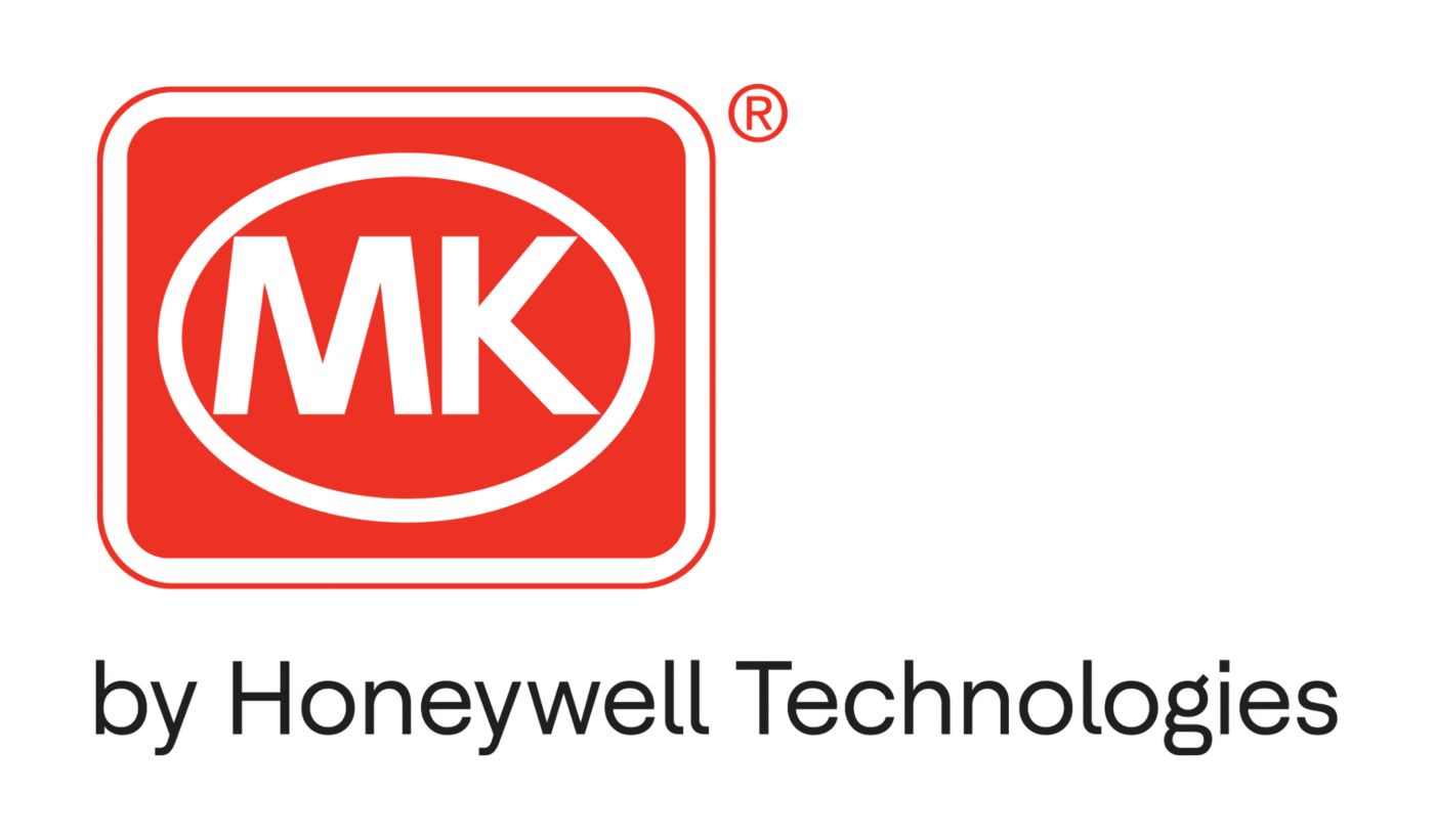 MK brand logo featuring white MK lettering inside a red rounded rectangular emblem with the by Honeywell Technologies endorsement.