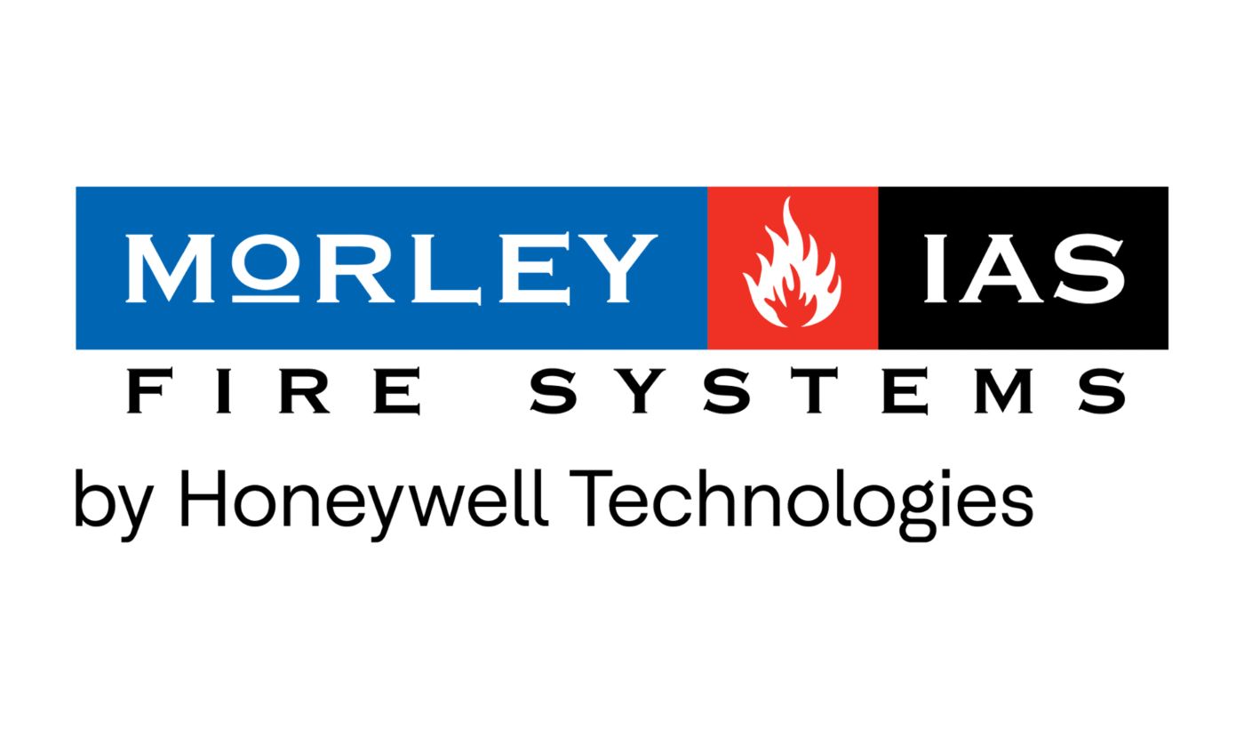 Morley IAS Fire Systems logo featuring blue MORLEY and black IAS panels separated by a red fire symbol, with FIRE SYSTEMS and the by Honeywell Technologies endorsement below.