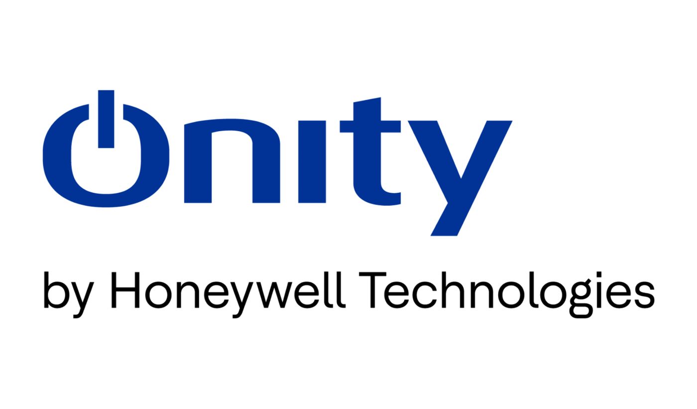 Onity brand logo featuring a blue power button style O symbol and blue Onity wordmark above the by Honeywell Technologies endorsement.