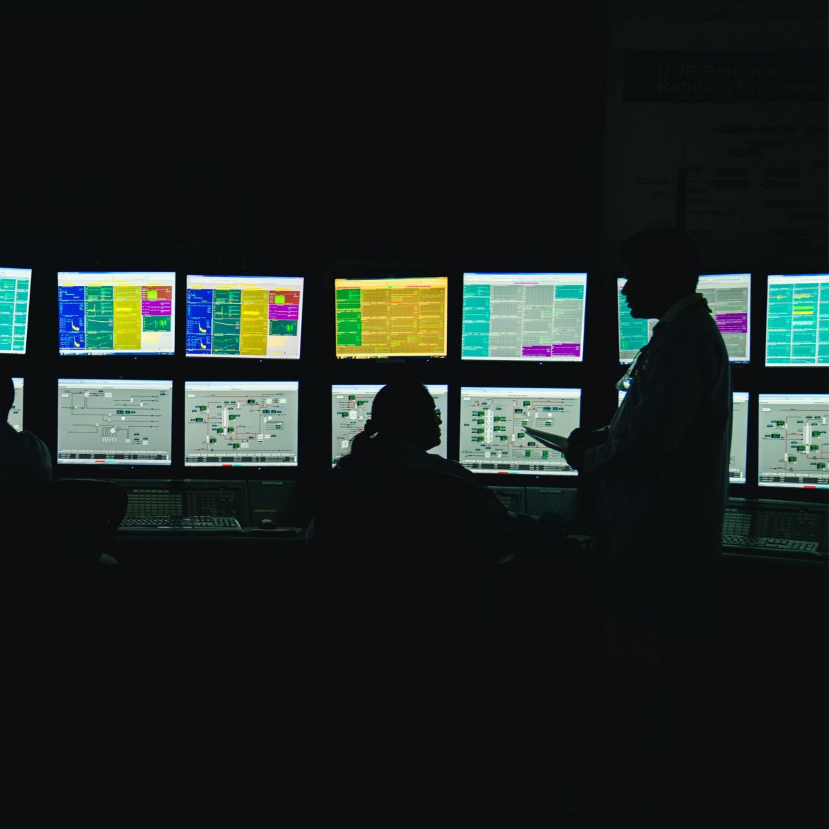 Silhouetted operators monitor complex industrial processes on multiple computer screens within a darkened petrochemical control center.