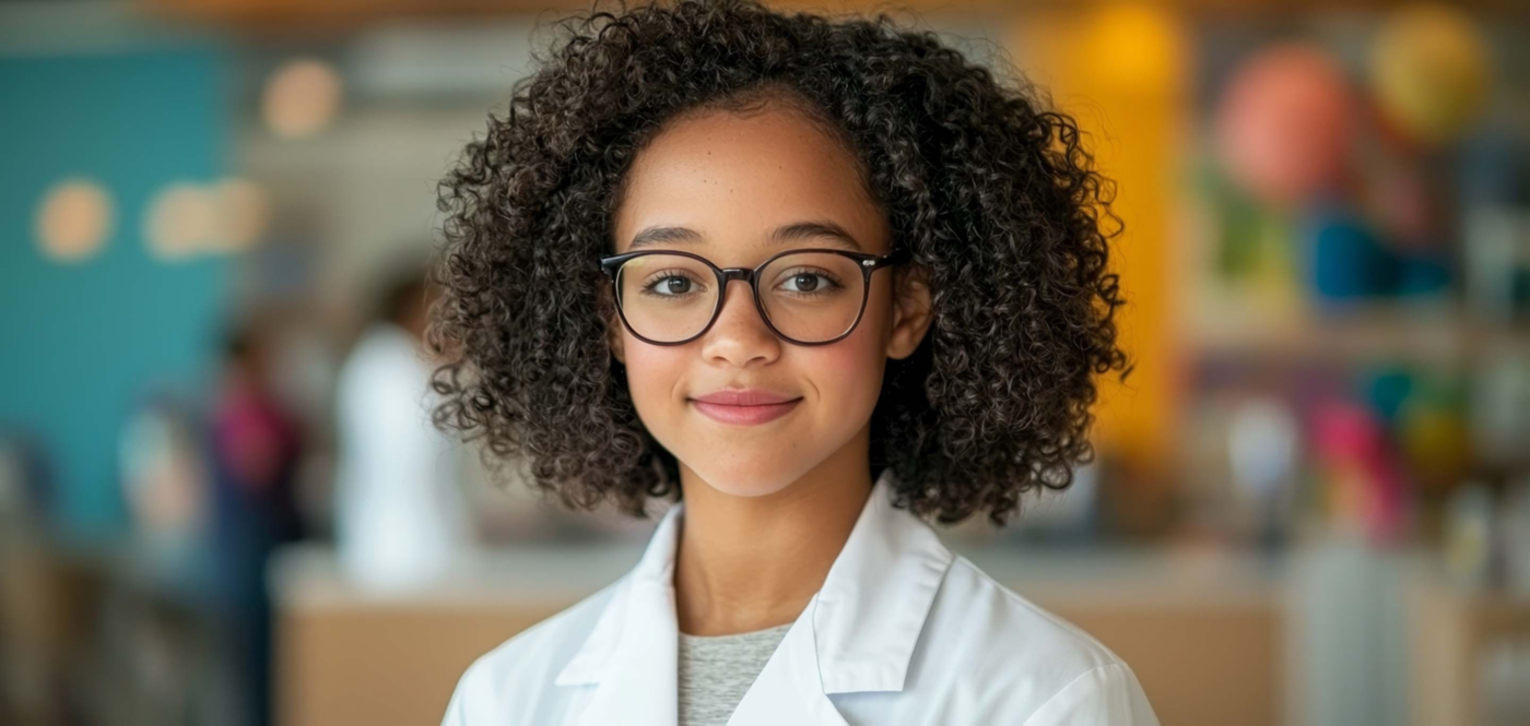 Professional Female Scientist in Lab Coat Closeup Portrait with Warm Smile in Science Lab Setting