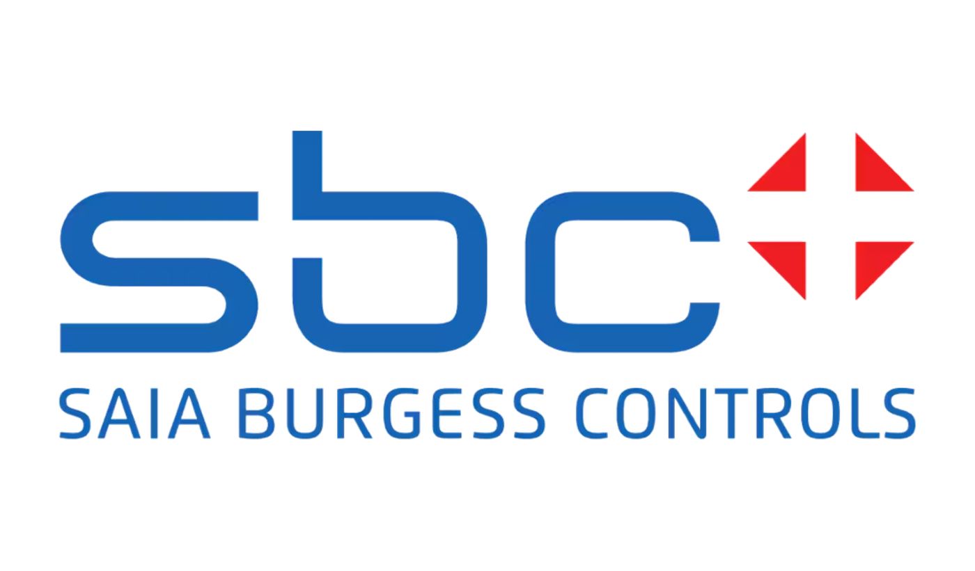 Saia Burgess Controls logo featuring the blue SBC symbol and wordmark with a red and white cross shaped emblem.