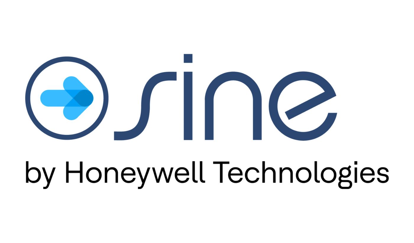 Sine brand logo featuring a dark blue circular symbol containing a layered blue arrow, the Sine wordmark, and the by Honeywell Technologies endorsement.