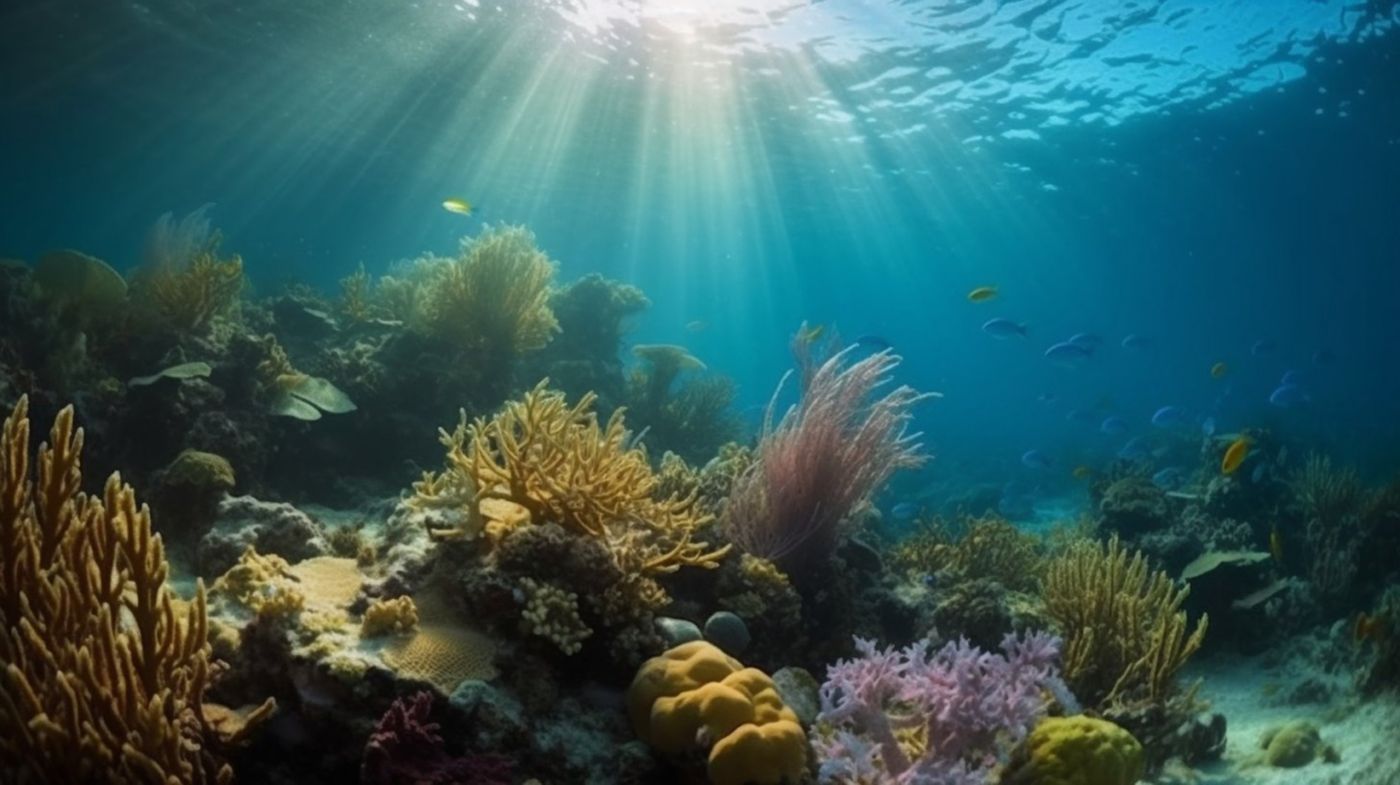 Sunlight filters through blue ocean water onto a colorful coral reef with small fish.