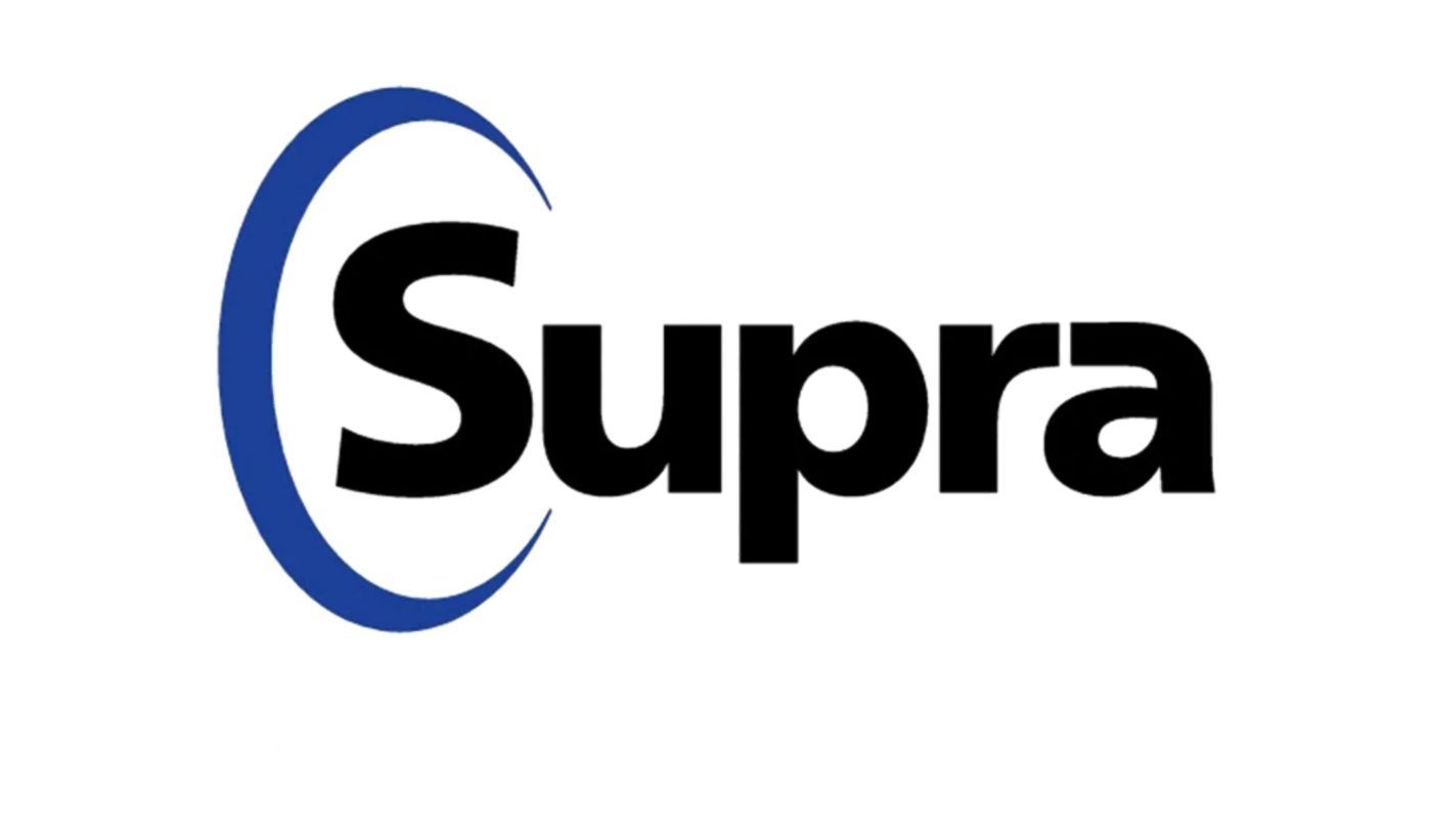 Supra brand logo featuring a bold black Supra wordmark with a curved blue crescent style graphic on the left.