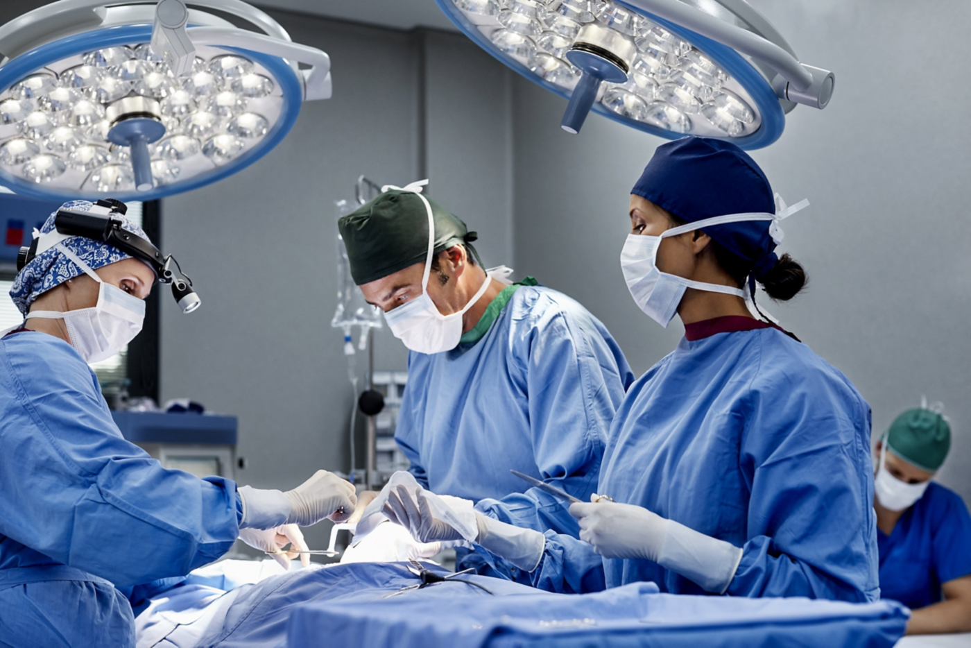 A diverse medical team conducts a surgical procedure under bright operating lights while wearing protective scrubs, masks, and sterile gloves.