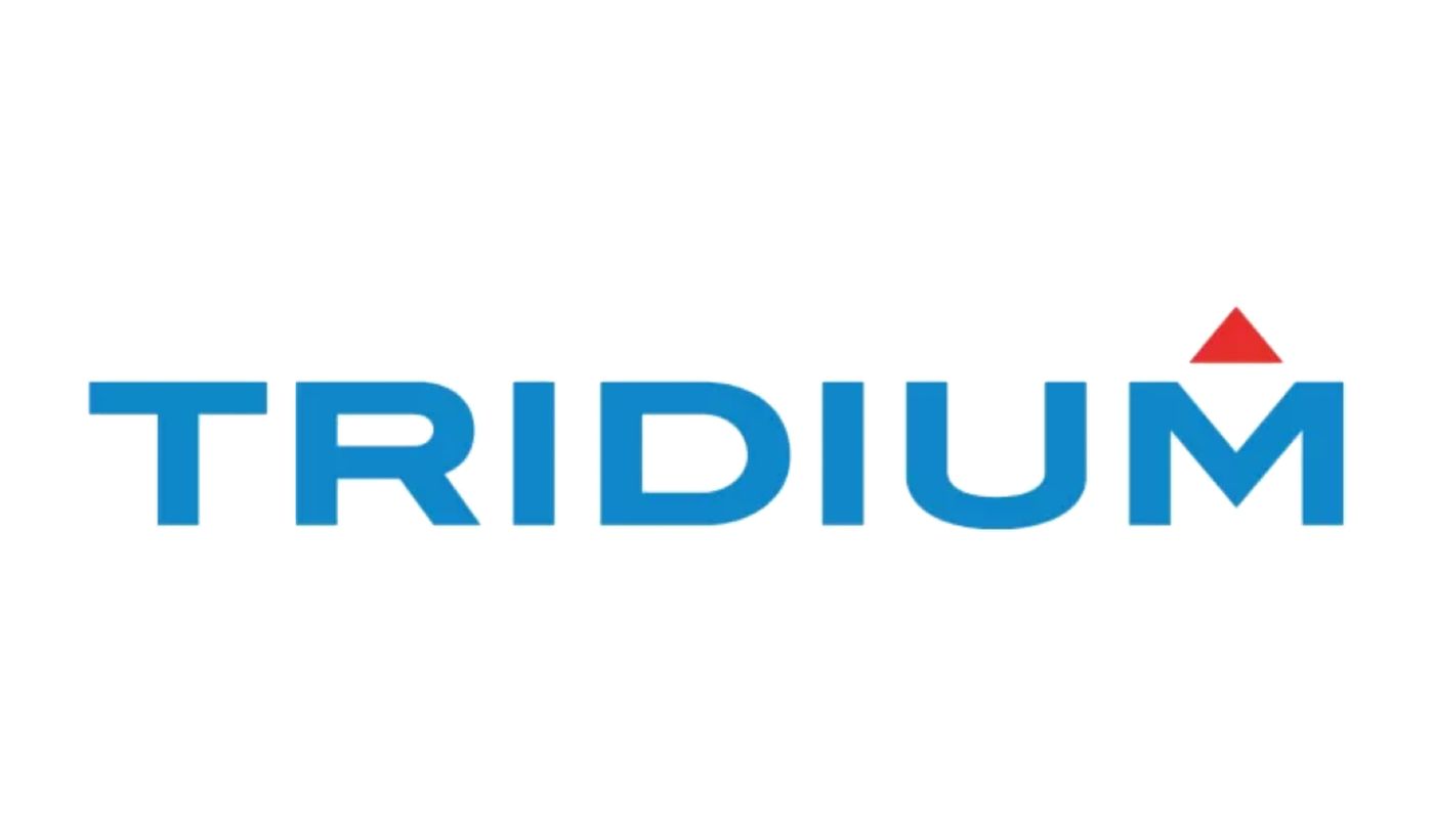Tridium brand logo featuring a light blue uppercase TRIDIUM wordmark with a red triangular accent above the final letter.