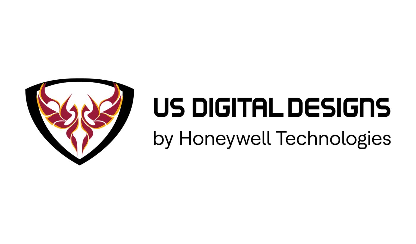 US Digital Designs logo featuring a black wordmark beside a shield containing a stylized red and gold phoenix graphic, with the by Honeywell Technologies endorsement.