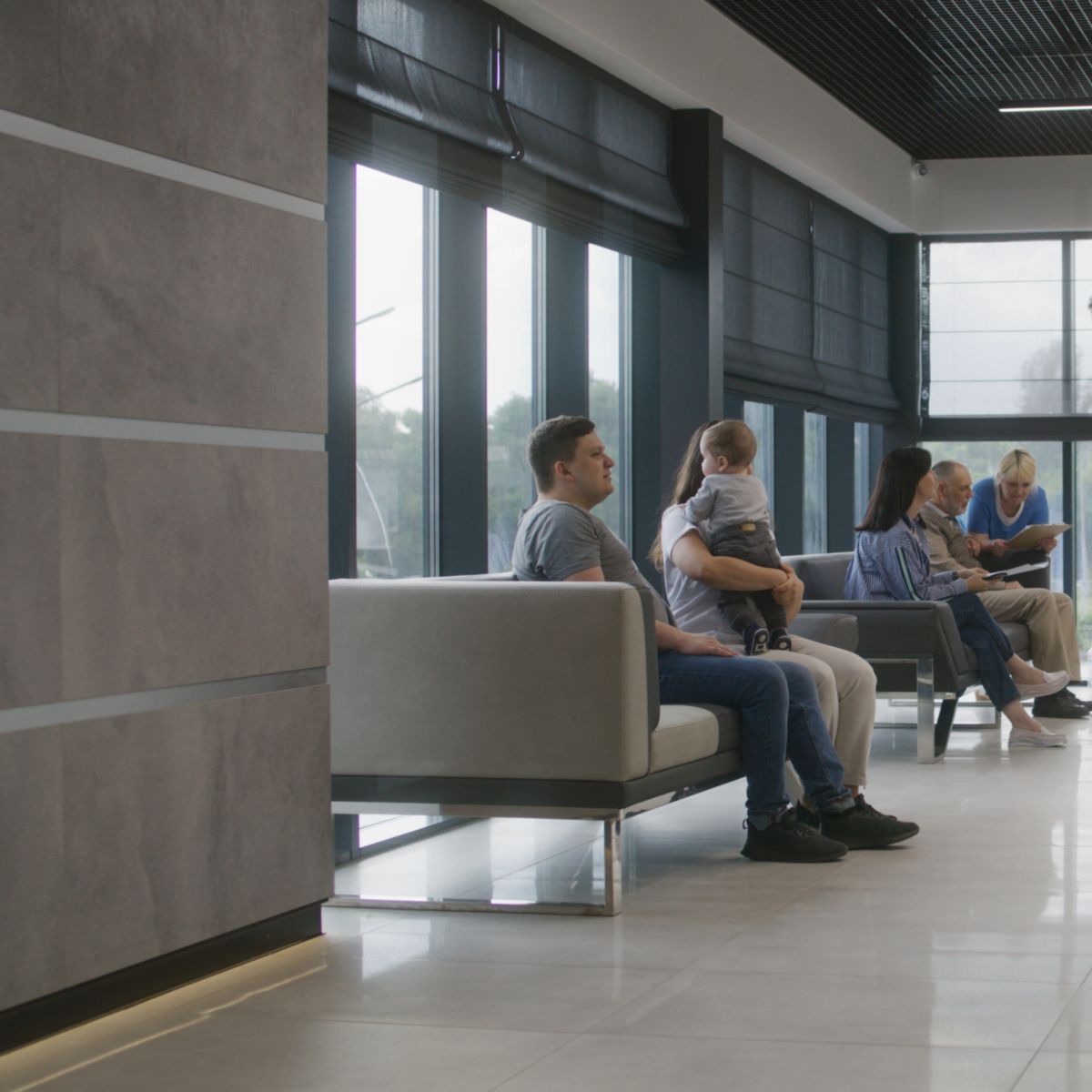 Bright and Open Modern Lobby with people waiting