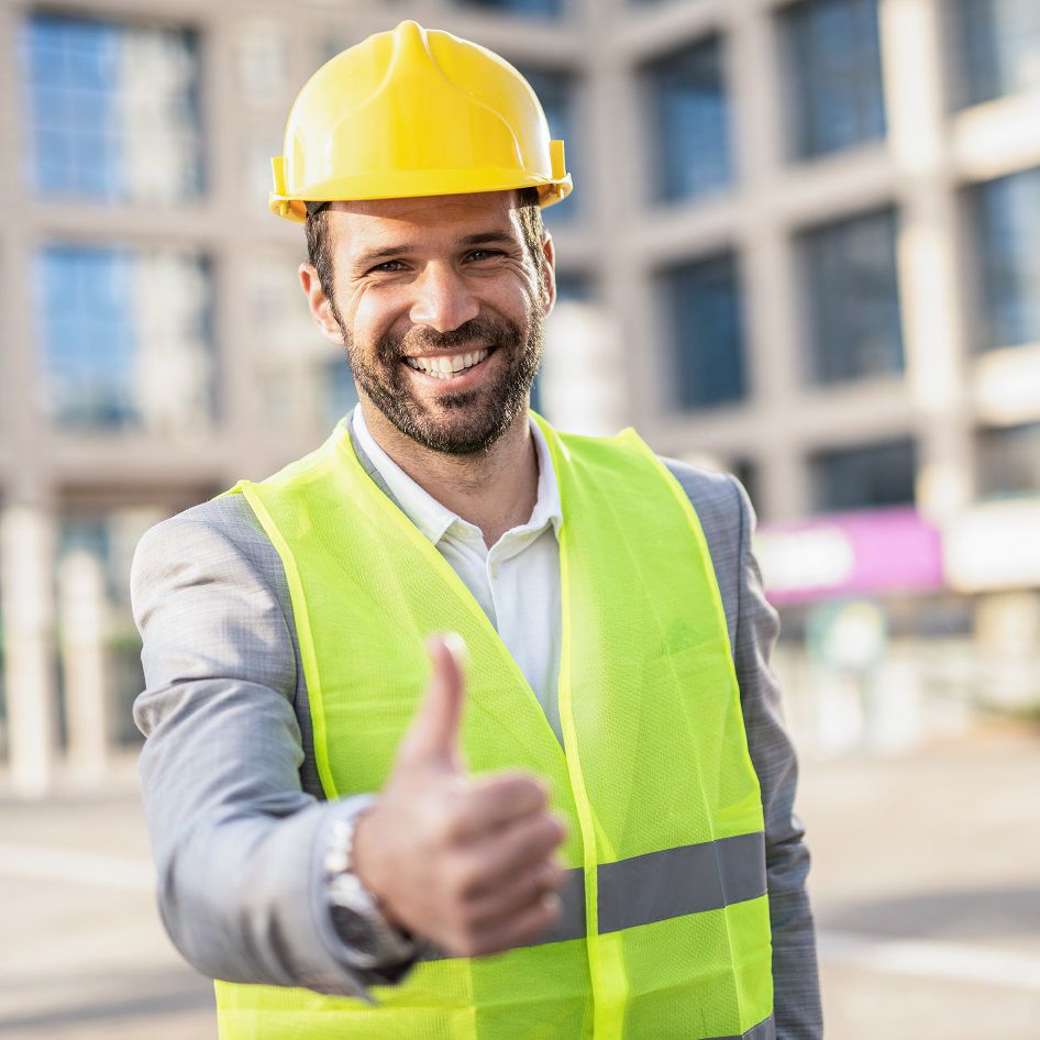 Happy male Mid Adult Architect \ Engineer looking at camera and showing thumb up. Ready for work.